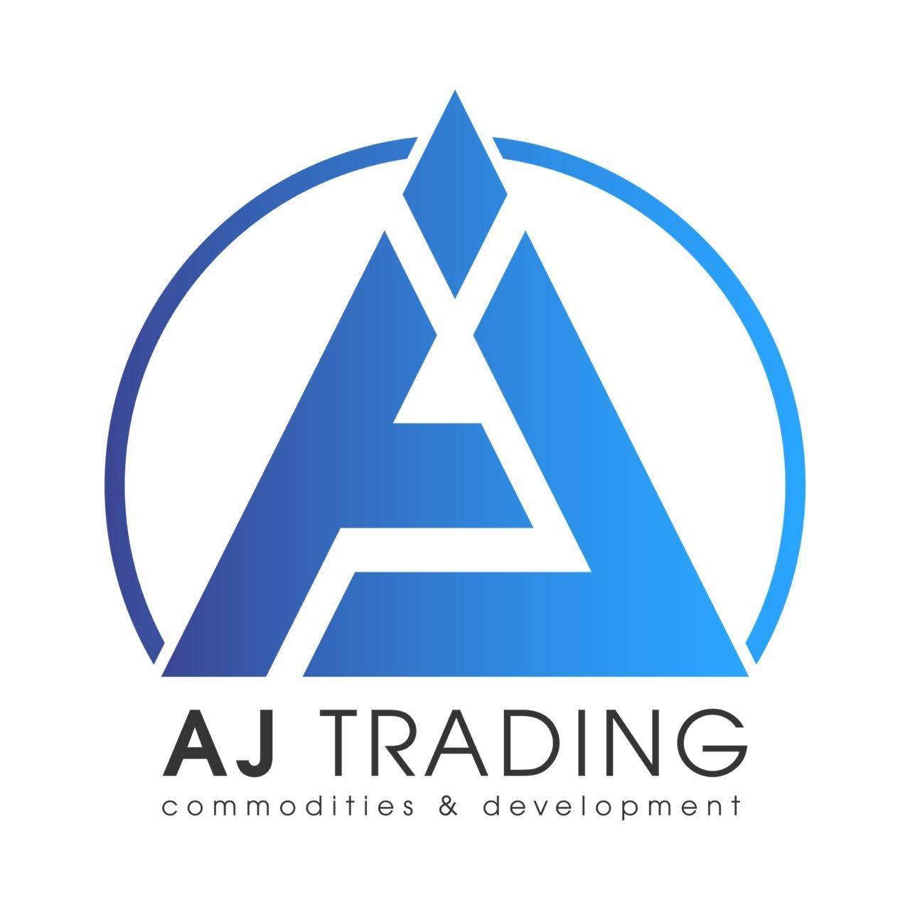 AJ Trading Group logo in blue gradient with stylized letter A inside a circular outline and the tagline "commodities & development" beneath.