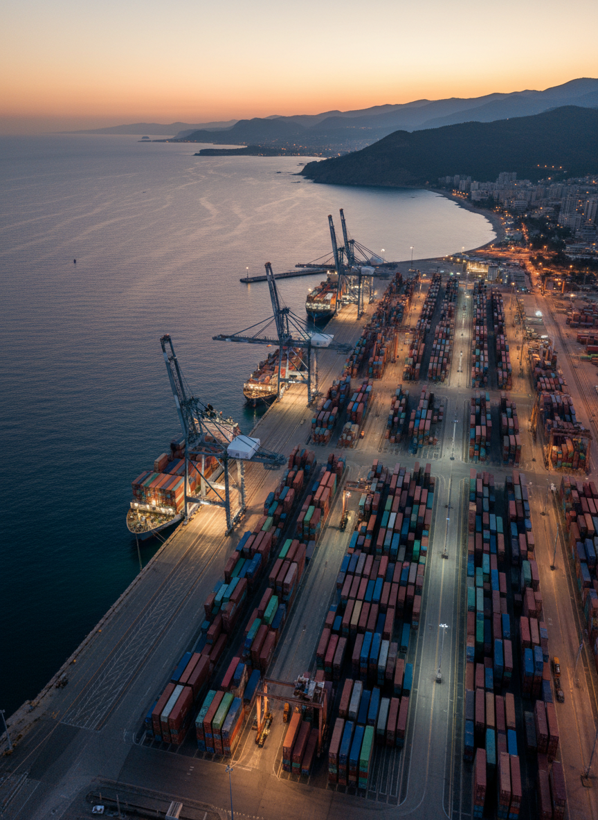 A high-detail aerial photographic view of the Lebanese coastline at dusk, with a modern deep-water port in the foreground. Neatly stacked multicolored shipping containers form precise geometric patterns beside long, sleek cargo vessels moored at illuminated quays. Cranes of steel gray rise in clean lines, their structure sharply defined. Soft golden hour light mixes with cool industrial floodlights, casting long shadows and subtle reflections on the calm Mediterranean water. The mood is professional and forward-looking, emphasizing logistics efficiency. Captured with sharp focus and wide-angle composition, using the rule of thirds to balance sea, port, and mountainous horizon, in a clean, realistic corporate photography style suitable for a commodities trading homepage.