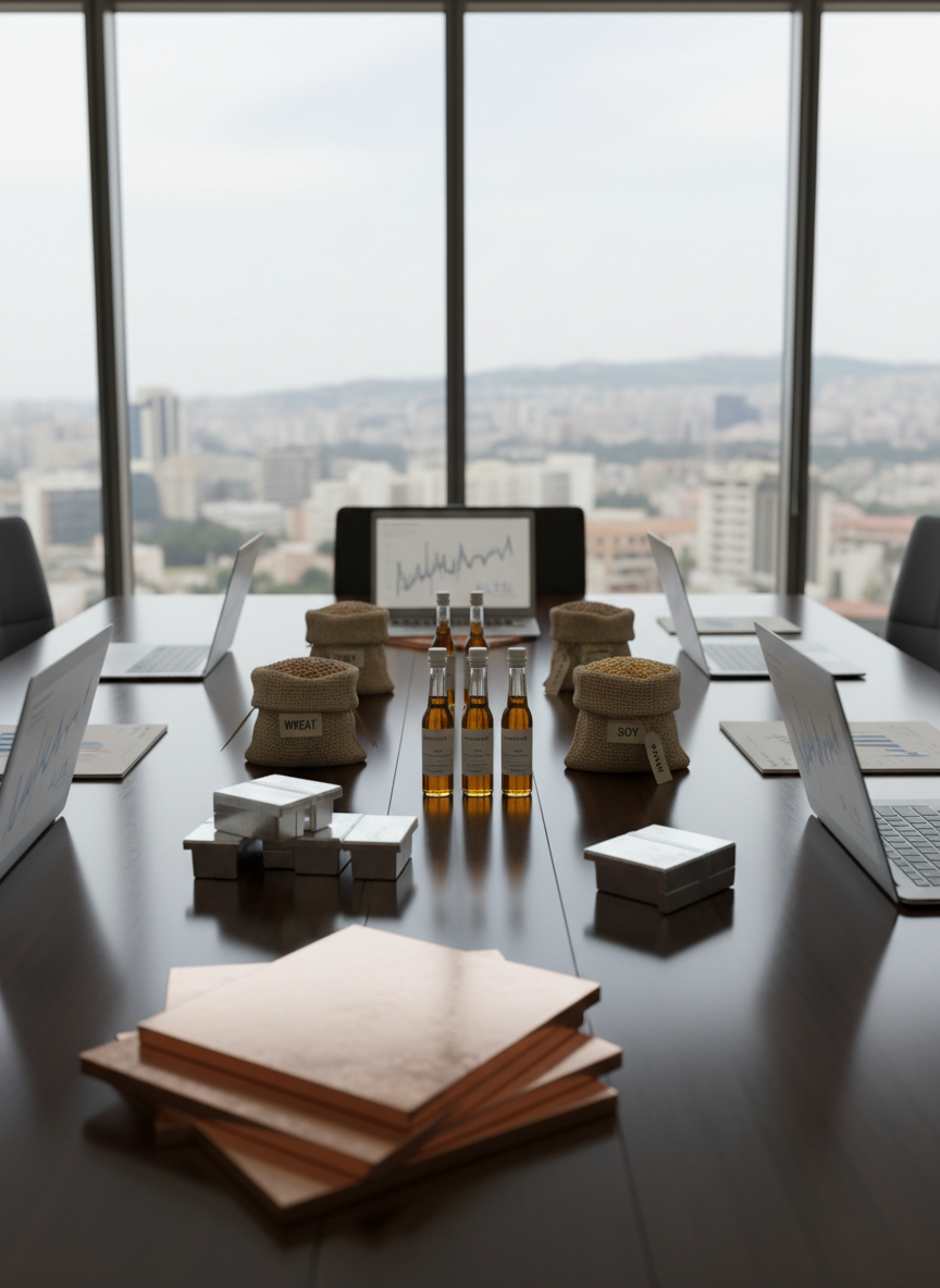 A polished dark walnut conference table covered with meticulously arranged commodities samples: gleaming copper cathode plates, neatly bundled aluminum ingots, small glass vials of refined oil, and labeled sacks of grain with fine woven textures. Discreet, minimalist charts and commodity price graphs are visible on slim, open laptops and printed reports, all in neutral, professional color palettes. The setting is a modern office with floor-to-ceiling windows revealing a blurred Beirut skyline. Soft diffused daylight fills the room, creating gentle reflections on the table’s surface. The atmosphere is analytical and composed. Photographed at eye level with shallow depth of field, the foreground samples in crisp focus and background office elements subtly blurred, in a clean, corporate realism style.
