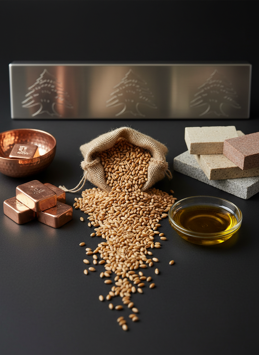 A close-up photographic composition of key commodities associated with Lebanon and regional trade, arranged with precise symmetry on a matte black surface. A small burlap sack spills golden wheat kernels with distinct texture, beside polished copper pieces, a shallow glass dish of refined oil with rich amber color, and neatly cut stone samples suggesting construction materials. Subtle Lebanese cedar motifs are engraved into a brushed metal plate in the background, tying to national identity. Soft side lighting from the left creates refined highlights and gentle shadows, emphasizing material textures without harsh contrast. The atmosphere is sophisticated and minimalist. Shot from a slightly elevated angle with shallow depth of field, foreground items razor sharp and background tastefully blurred, in a clean, modern, corporate photographic style ideal for a brand identity or about page.