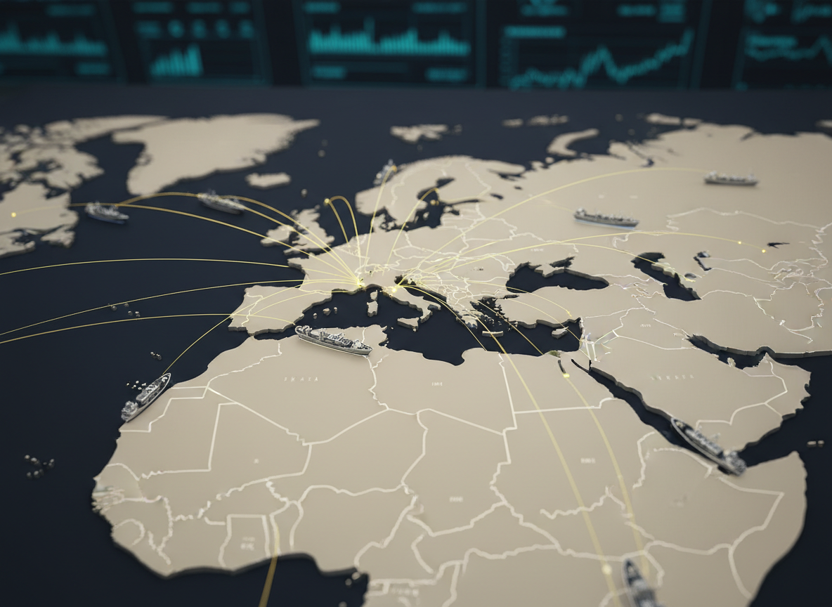 A dramatic close-up of a world map centered on the Eastern Mediterranean, with Lebanon crisply highlighted in deep navy against muted beige surrounding countries. Thin, luminous lines in gold trace shipping routes across the sea and trade corridors into the Middle East and Europe. Small, detailed cargo ship and tanker icons glide along these paths, rendered with metallic textures and subtle reflections. The background is a dark, softly lit situation room wall, with faint, out-of-focus commodity charts and numbers. Cool, controlled studio lighting creates sleek highlights on the map’s glossy surface. Captured from a slightly angled overhead perspective, emphasizing depth and connectivity. The mood is strategic, data-driven, and professional, in a photographic, tech-forward corporate style.
