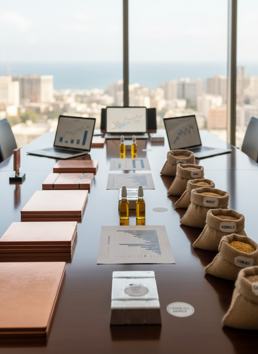 A polished dark walnut conference table covered with meticulously arranged commodities samples: gleaming copper cathode plates, neatly bundled aluminum ingots, small glass vials of refined oil, and labeled sacks of grain with fine woven textures. Discreet, minimalist charts and commodity price graphs are visible on slim, open laptops and printed reports, all in neutral, professional color palettes. The setting is a modern office with floor-to-ceiling windows revealing a blurred Beirut skyline. Soft diffused daylight fills the room, creating gentle reflections on the table’s surface. The atmosphere is analytical and composed. Photographed at eye level with shallow depth of field, the foreground samples in crisp focus and background office elements subtly blurred, in a clean, corporate realism style.