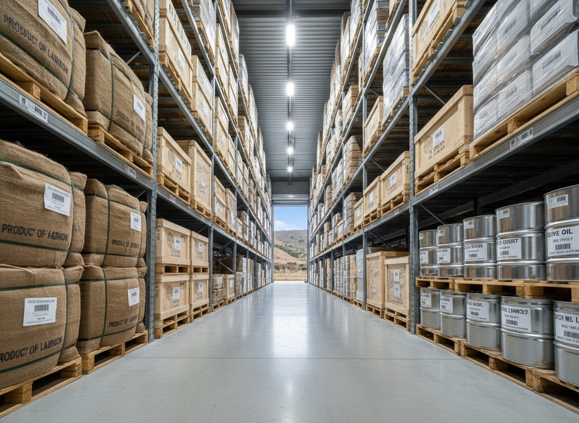 An ultra-detailed warehouse interior filled with neatly stacked pallets of export-ready commodities: tightly wrapped bales with coarse textures, labeled wooden crates, and metallic drums with clean, reflective surfaces. Each stack is barcoded and organized in perfectly aligned rows under tall steel shelving. Overhead LED lights cast bright, even illumination, creating crisp shadows and emphasizing order and cleanliness. Through an open loading bay at the far end, a portion of the Lebanese mountains appears in soft focus, hinting at regional context. Captured from a low, slightly wide-angle position looking down the central aisle, using strong leading lines that draw the eye forward. The mood is controlled, efficient, and trustworthy, rendered in high-resolution photographic realism suitable for a logistics and commodities operations page.