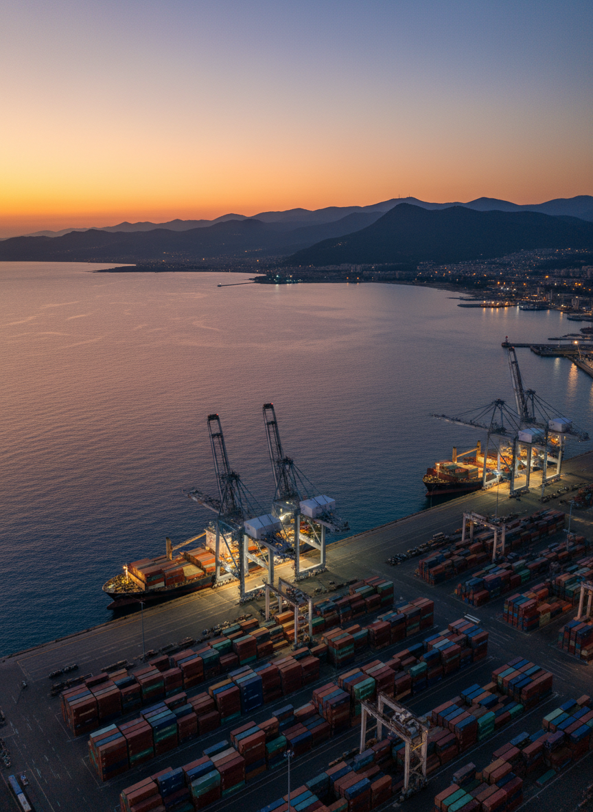 A high-detail aerial photographic view of the Lebanese coastline at dusk, with a modern deep-water port in the foreground. Neatly stacked multicolored shipping containers form precise geometric patterns beside long, sleek cargo vessels moored at illuminated quays. Cranes of steel gray rise in clean lines, their structure sharply defined. Soft golden hour light mixes with cool industrial floodlights, casting long shadows and subtle reflections on the calm Mediterranean water. The mood is professional and forward-looking, emphasizing logistics efficiency. Captured with sharp focus and wide-angle composition, using the rule of thirds to balance sea, port, and mountainous horizon, in a clean, realistic corporate photography style suitable for a commodities trading homepage.
